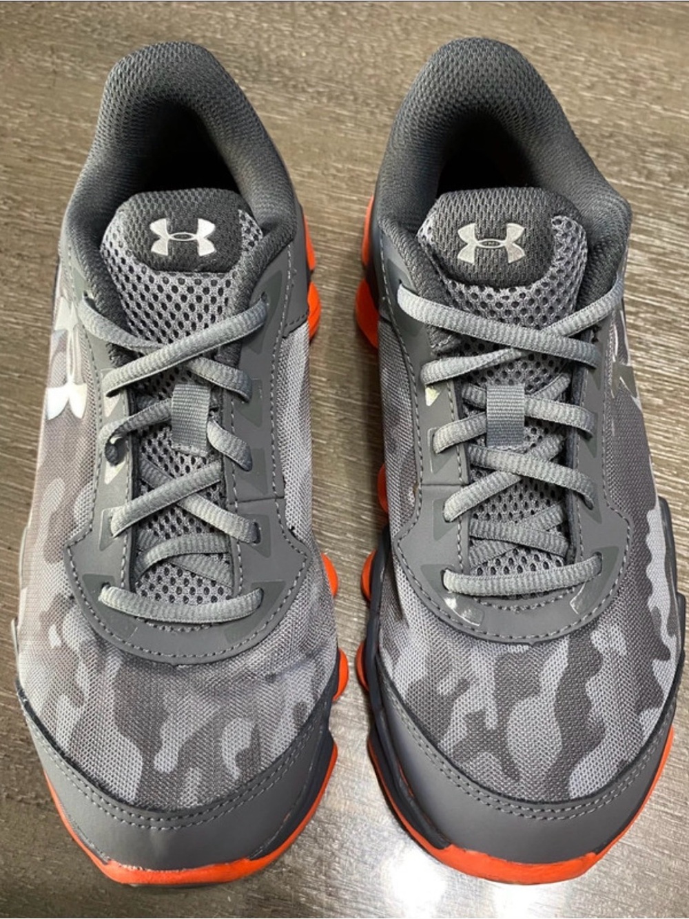 Under Armour Kids Gray Camo Sneakers with Orange Soles
